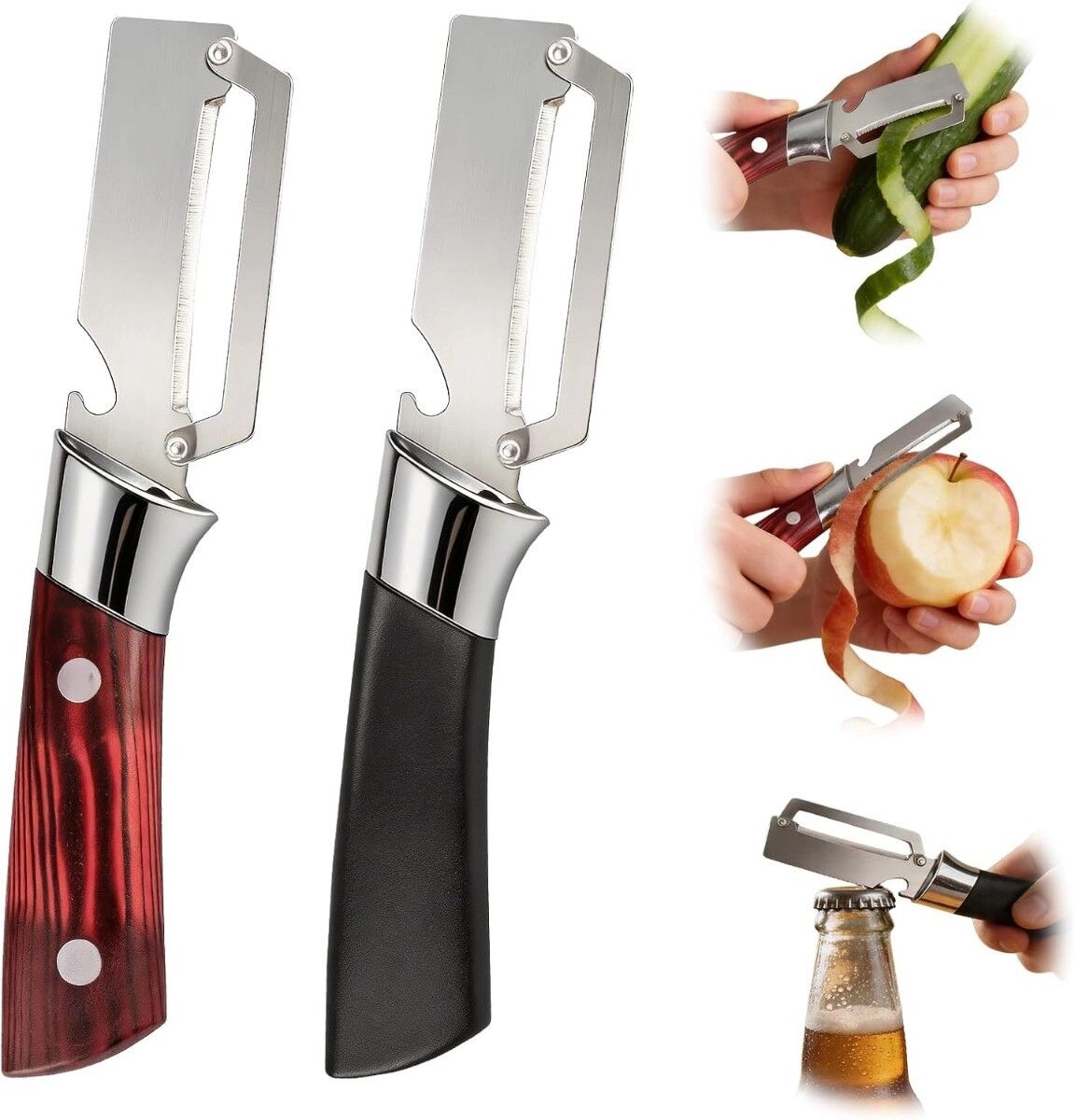 INF Silberner Edelstahlschäler mit Holzgriff 2er-Set — Multifunktionaler Obst- und Gemüseschäler mit Flaschenöffner