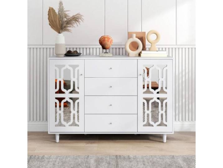 Buffet blanc miroir 147 5x40x102 cm MDF deux‑portes quatre tiroirs