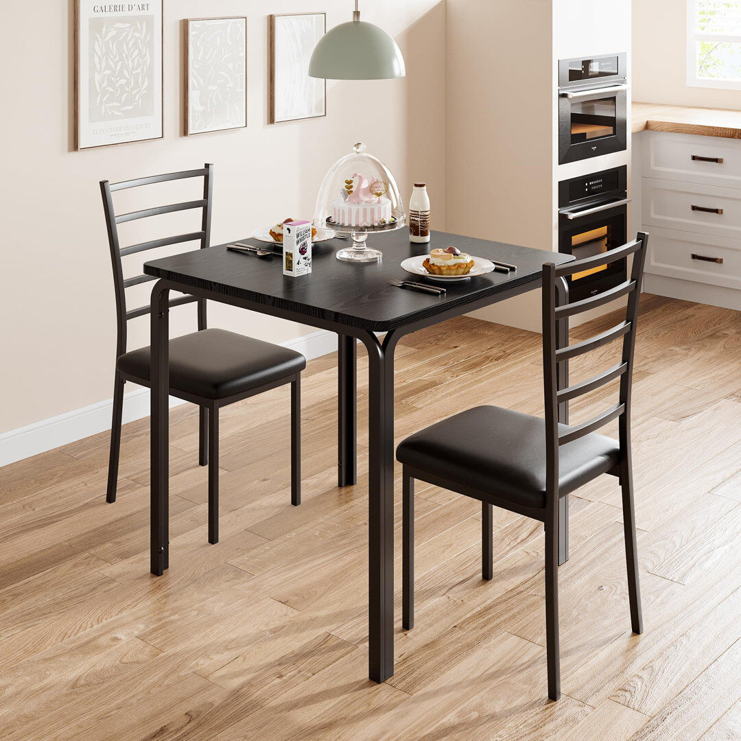 Brayden Studio Modern 3-Piece Dining Table Set for 2 – Space-Saving Square Table with 2 Upholstered Chairs, Metal Frame, Ideal for Apartments & Small Spaces – Sturdy Black/Black/Black/Black