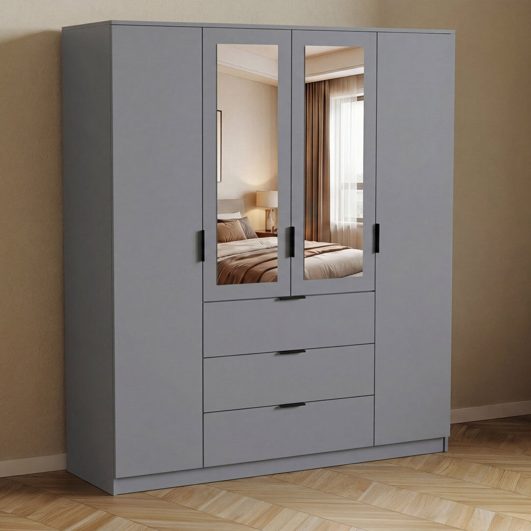 17 Stories Modern 4 Door 3 Drawer Mirrored Wardrobe Bedroom Furniture with Hanging Rail & Storage Drawers Grey 175cm H X 154cm W X 54cm D