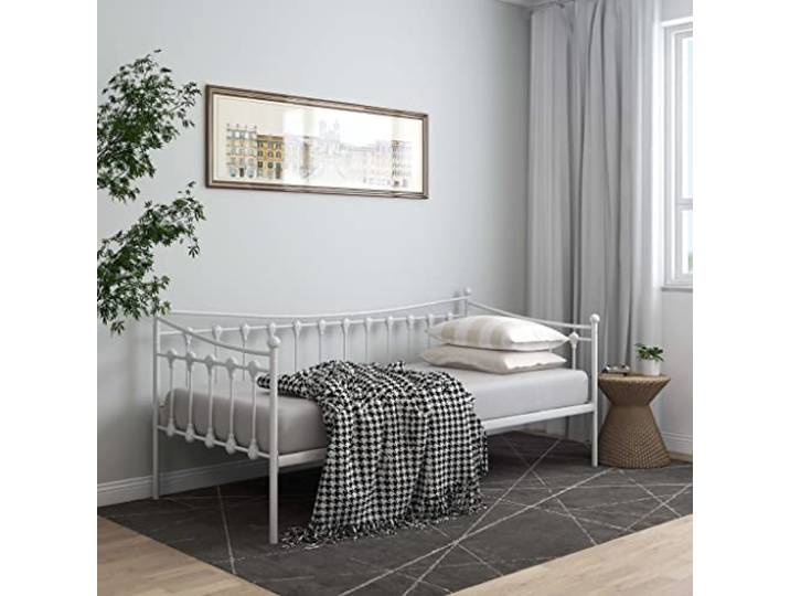 vidaXL Schlafsofa Bettgestell Tagesbett Metallbett Bettsofa Einzelbett Bett Gästebett Sofabett Sofa Couch Jugendbett Weiß Metall 90x200cm