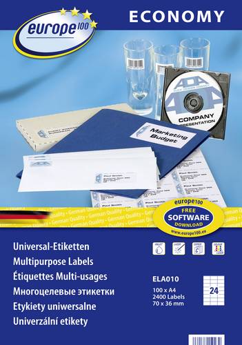 Europe 100 ELA010 Universal-Etiketten 70 x 36mm Papier Weiß 2400 St. Permanent haftend Tintenstrahldrucker, Laserdrucker