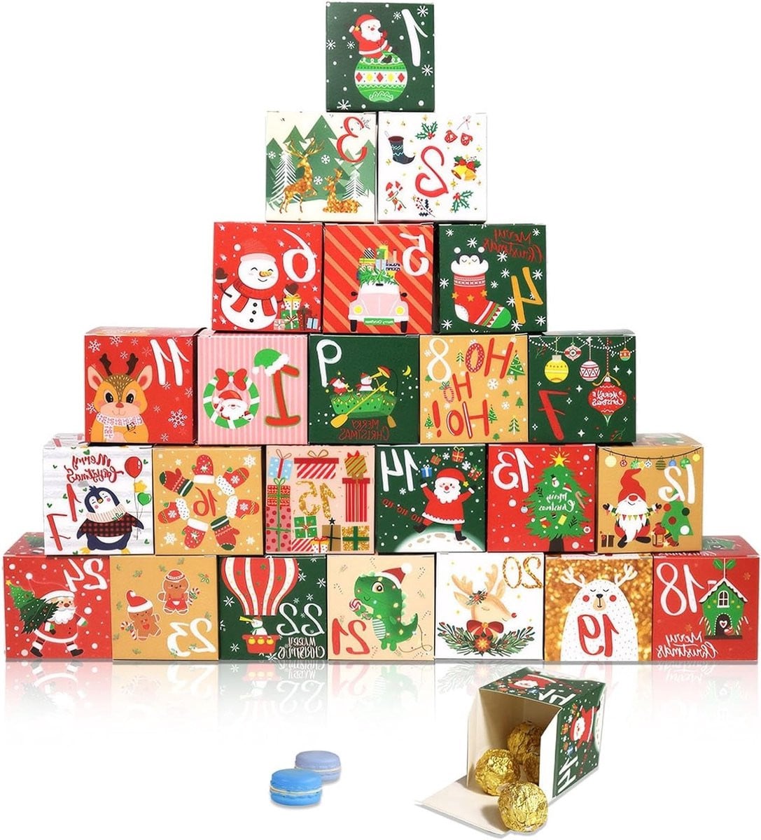 DIY Adventskalender met 24 dozen voor kerst met vullingen en verrassingen