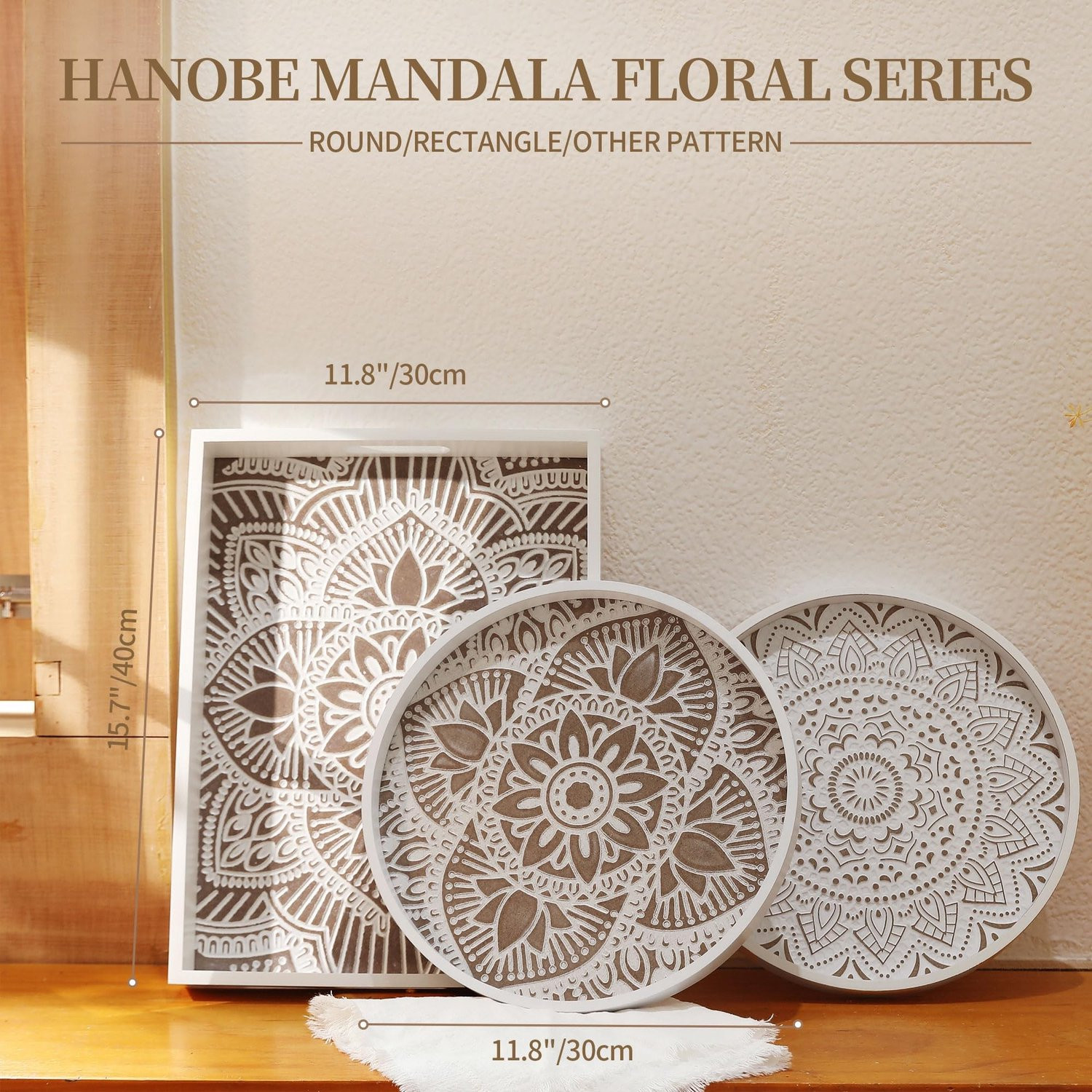 Decoratief houten dienblad met mandala bloemen en handgrepen - Groot - MDF