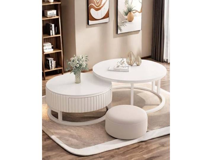 HRXQ Couchtisch Rund Weiss 2er Set Coffee Table Couchtisch Modern Living Room Table Mit Stauraum, Stabilem Metallgestell 50+70cm Satztische Für Wohnzimmer Schlafzimmer Weiß ﻿ ﻿