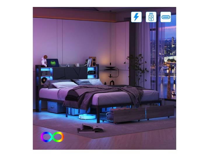 Furnishings Home Polsterbett LED Stauraumbett Doppelbett (2 Schubladen), Mit LED-Beleuchtung, USB Anschlüsse, Kunstleder, 160x200 cm