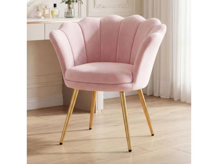 Ya-Home Samt Sessel Wohnzimmer, Schminktischstuhl mit Goldfuß Gepolsterter Blumenform Loungesessel Relaxsessel für Wohn/Schlafzimmer,Hellrosa