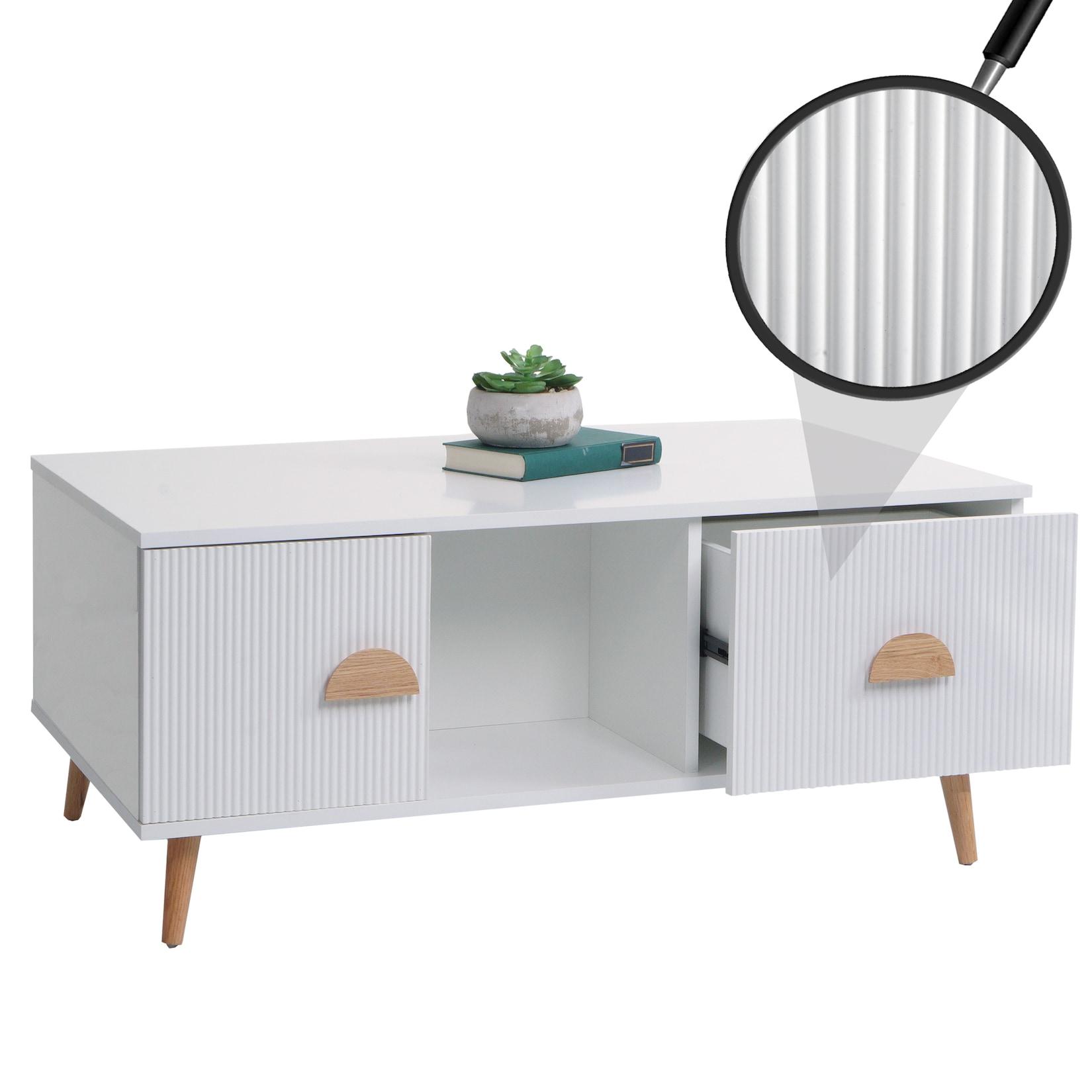 Couchtisch MCW-N89, Beistelltisch Sofatisch, Schubladen Türen Fächer 3D-Design Melamin Holz, 43x100x60cm ~ weiß