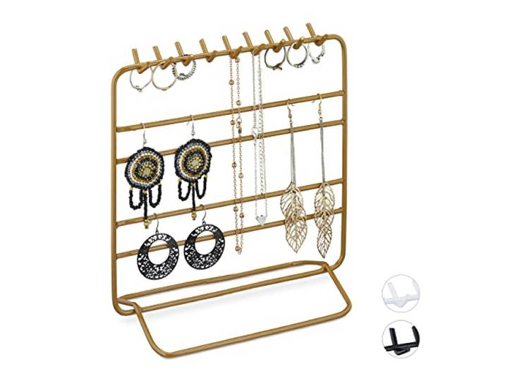 Relaxdays Présentoir à Bijoux\, Boucles d’Oreille\, Bracelets\, Rangement\, Organisateur\, 21 x 20 x 10 cm\, doré