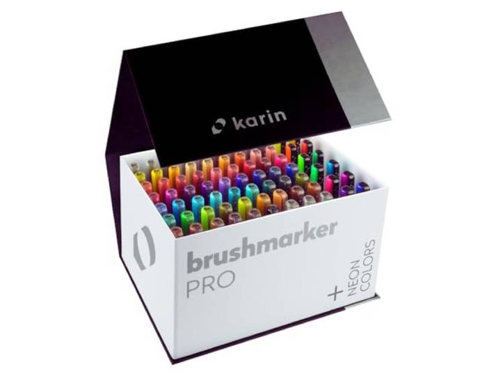 KARIN Mega Box PLUS - 72 Farben + 3 Blender, Brushmarker PRO - Brushpens auf Wasserbasis geeignet zum Malen, Zeichnen und Handlettering, mehrfarbig, NEON-Farben enthalten