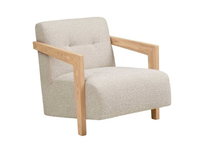 Fauteuil lounge vintage en tissu bouclette beige et accoudoirs en bois