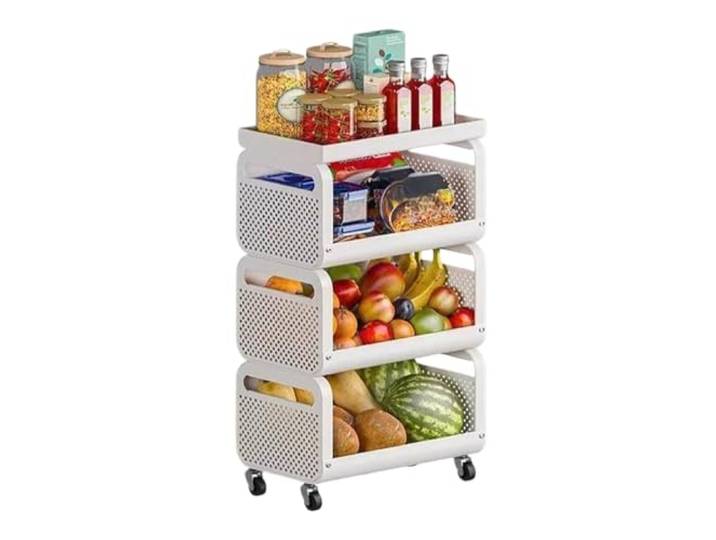 Rv2sGf3kH Küchenwagen Beweglicher 3-stufiger Küchen-Aufbewahrungswagen, Obst- und Gemüsekorb, Organizer-Regal(Weiß)
