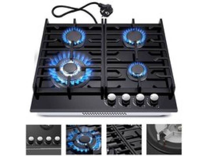 Plaque de cuisson gaz - 8000 W - Table de cuisson gaz encastrable - 4 foyers - Gaz Naturel/Propane - Verre Noir