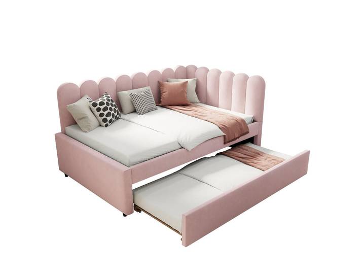 Flieks Polsterbett LForm 140x200 Rosa Samt, Pink, 140x200 cm, Schlafzimmer, Betten, Polsterbetten