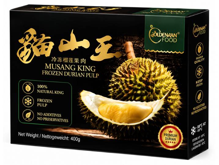 Pulpe de durian Musang King surgelée, avec noyaux – 400 g