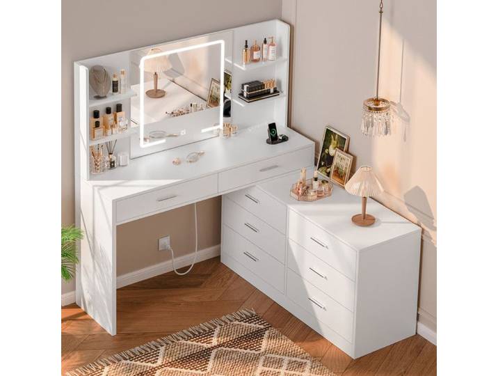Coiffeuse - TEENFON - TEENFON - Miroir LED 3 couleurs - 8 tiroirs & 4 étagères - Agencement en L (coin)