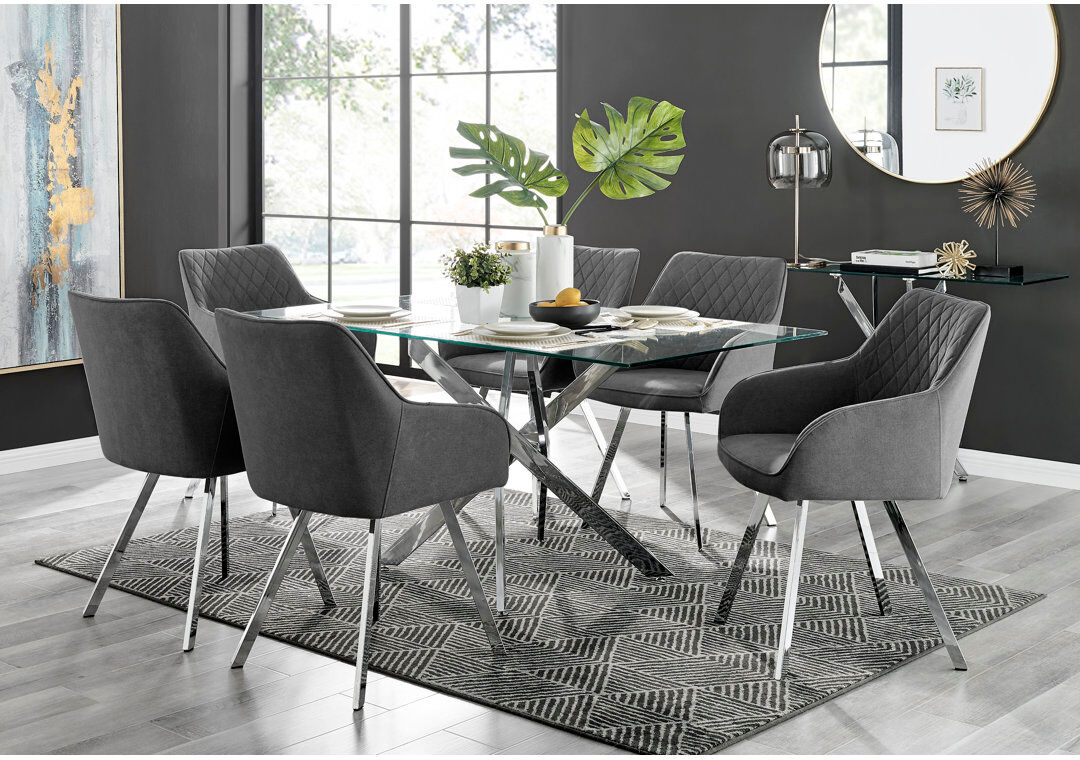 Canora Grey Lenworth Chrome and Glass Rectangular Dining Table Set with 6 Luxury Upholstered Fabric Chairs Glass 6