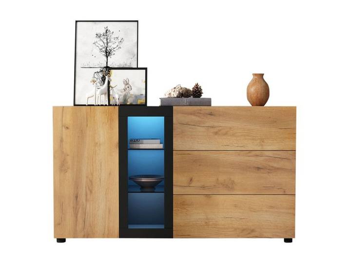 Buffet moderne armoire 140x40x80cm Buffet avec 3 tiroirs Accent console armoire de rangement avec verre Pour salon salle à manger