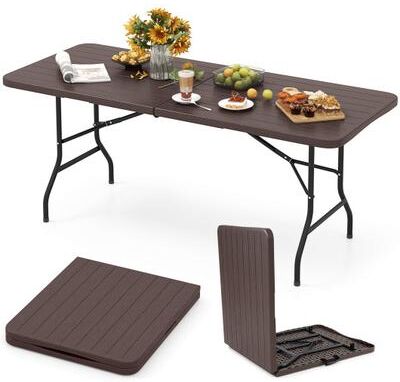 Costway 6 Feet Folding Table with Wood Grain HDPE Tabletop and Safe Lock Mechanism-Brown