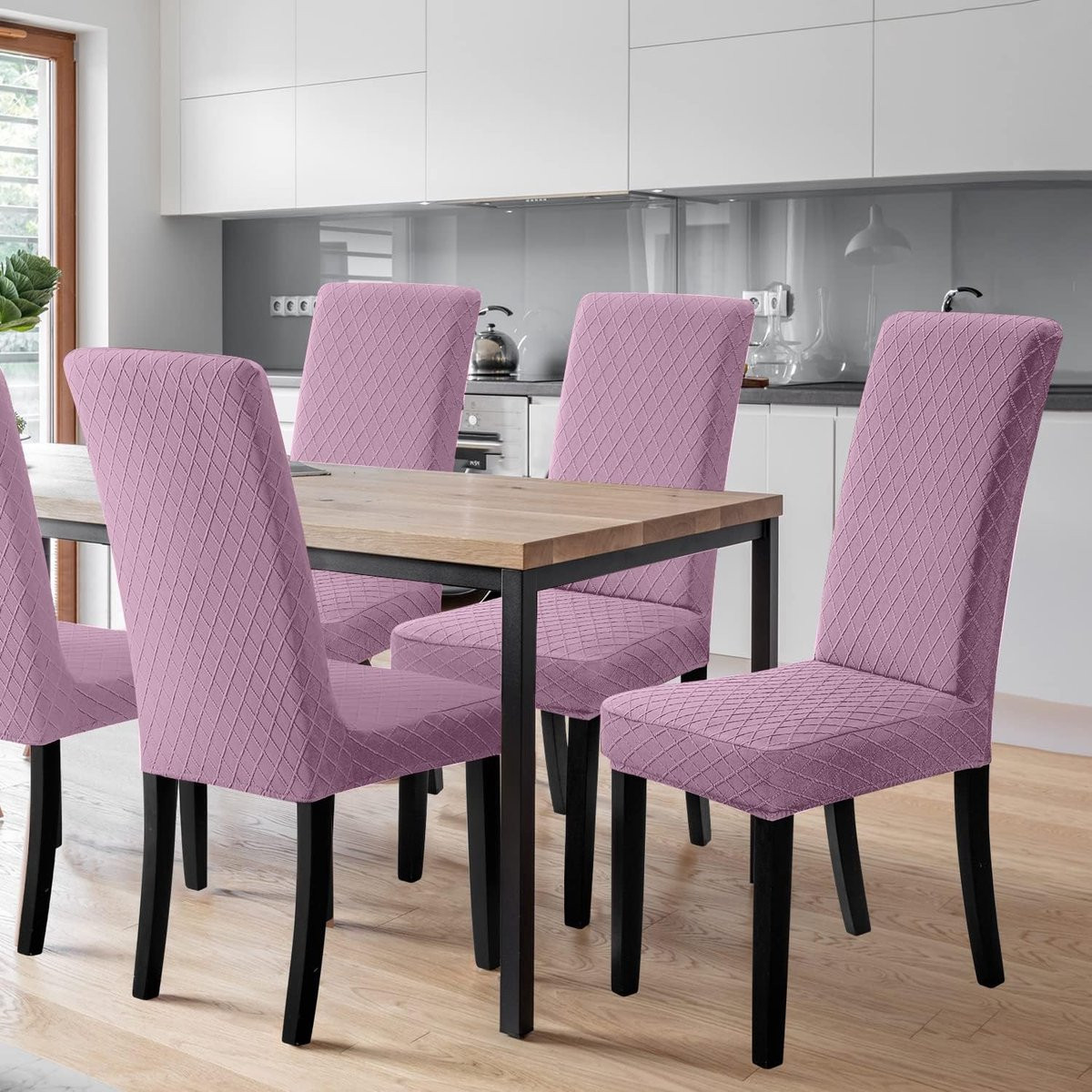 Set van 4 lichtpaarse stretch stoelhozen voor eetkamerstoelen