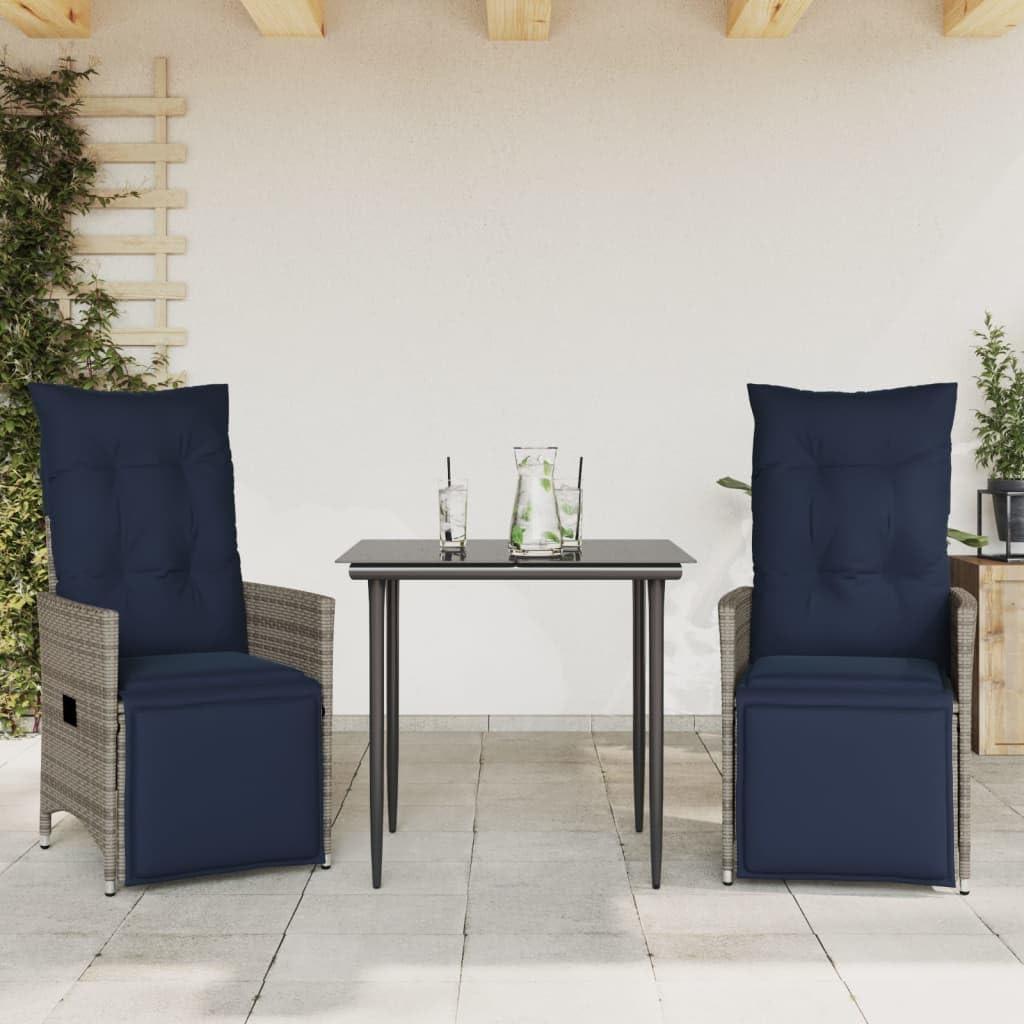2 neigbare Gartenstühle in Grau aus Polyrattan mit verstellbarer Rückenlehne, Fußstütze, marineblauen Kissen und lackiertem Stahl, 110 kg
