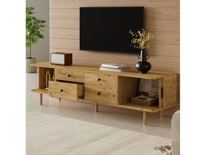 Meuble TV Bas 165 cm 4 Tiroirs et 2 Portes Coulissantes - YEAVIO - MDF Effet Bois Salon 165×40×46 cm