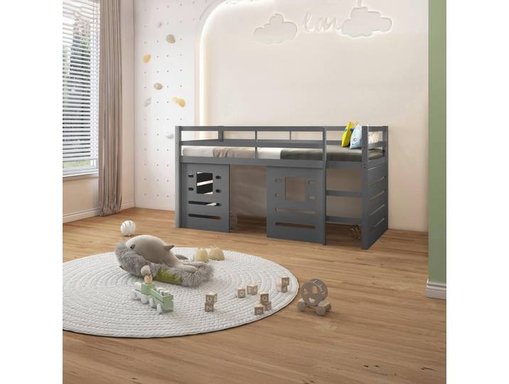 Mid.you Hochbett Athen, Grau, Holz, Kiefer, Holz, Höhe ca. 15 cm, 90x200 cm, nicht verstellbar, Kinderzimmer & Jugendzimmer, Kindermöbel, Kinderbetten, Hochbetten