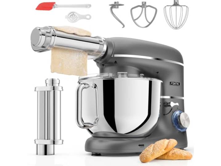 Fentic Kuchenmaschine mit Nudelmaschine – 2000W – Knetmaschine mit Nudelmaschine Elektrische – Pasta Maker - 6,2L Edelstahl Rührschüssel (Grau)