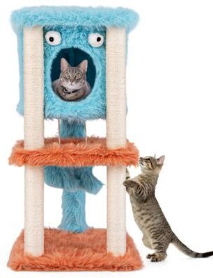 Costway Cute Monster-Themed Cat Tower with Private Condo and Soft Long Plush-Blue