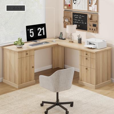 "Garvee 60"" Fluted L-Shaped Desk with File Drawer and Charging Station"