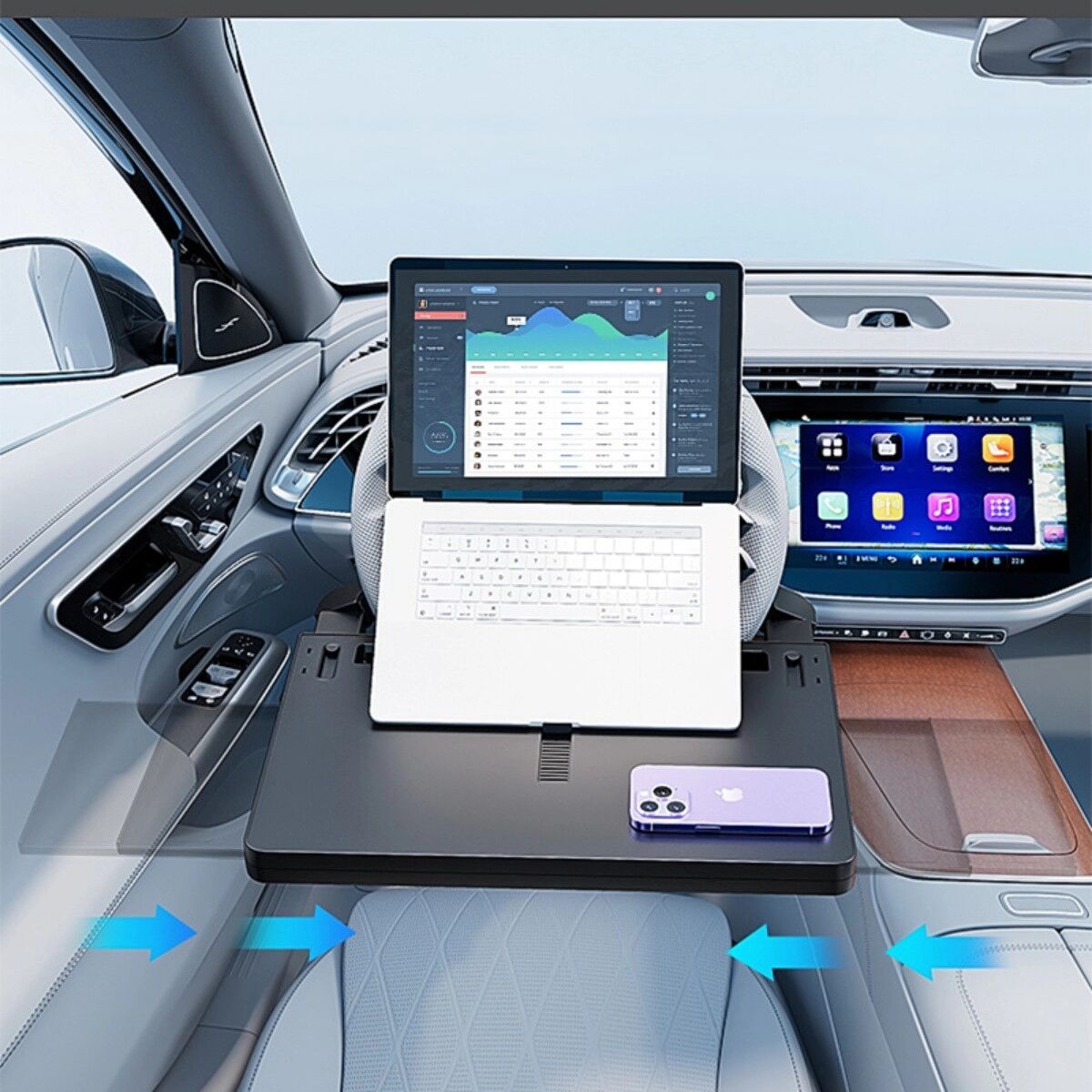 INF Plateau de volant extensible en ABS avec clips réglables, support ordinateur portable et porte-gobelet