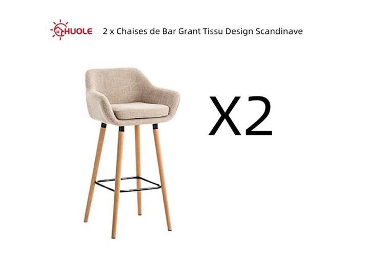 HUOLE 2 x Chaises de Bar Grant Tissu Design Scandinave avec Dossier et Accoudoirs Beige H 104 cm