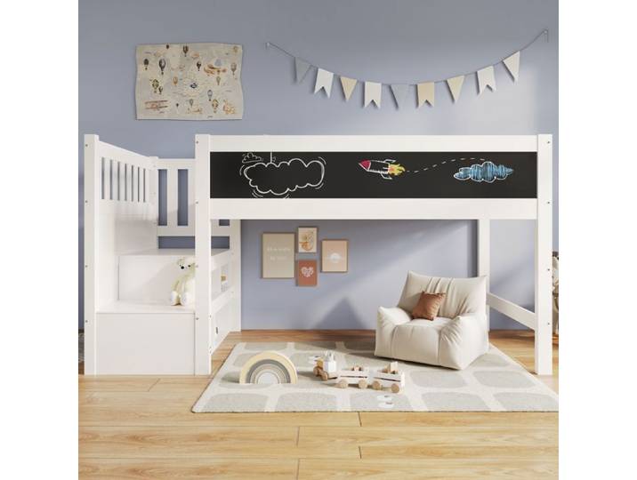 Lit mezzanine enfant - Tableau blanc/noir - Stockage - Protection chutes - 90x200 cm