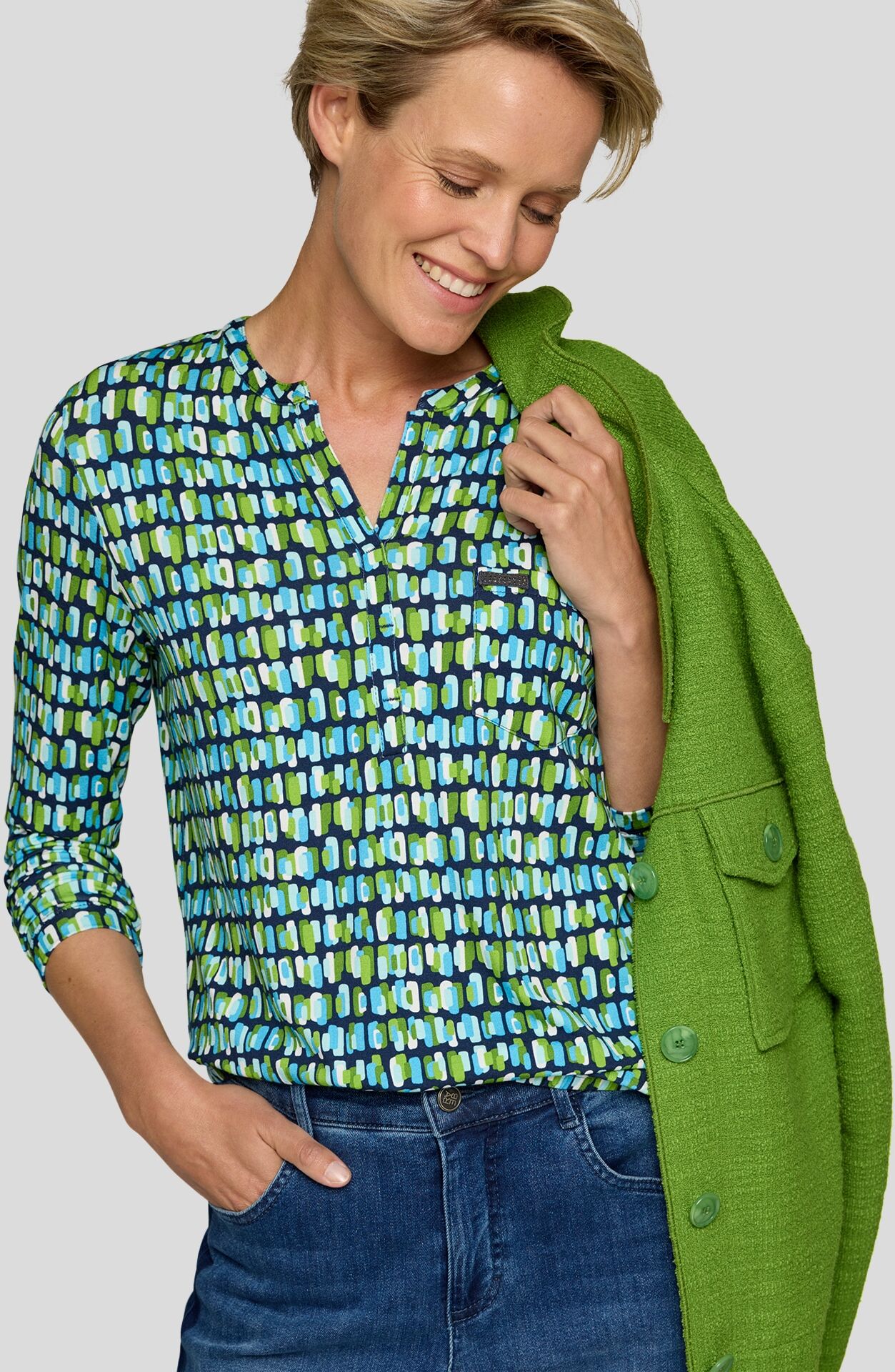 Langarmshirt RABE, Damen, Gr. 46, bunt (pazifik), Web, Obermaterial: 92% Viskose, 8% Elasthan, bedruckt, tailliert hüftbedeckend, Rundhals, Shirts Langarmshirt, mit grafischem Muster pazifik 46