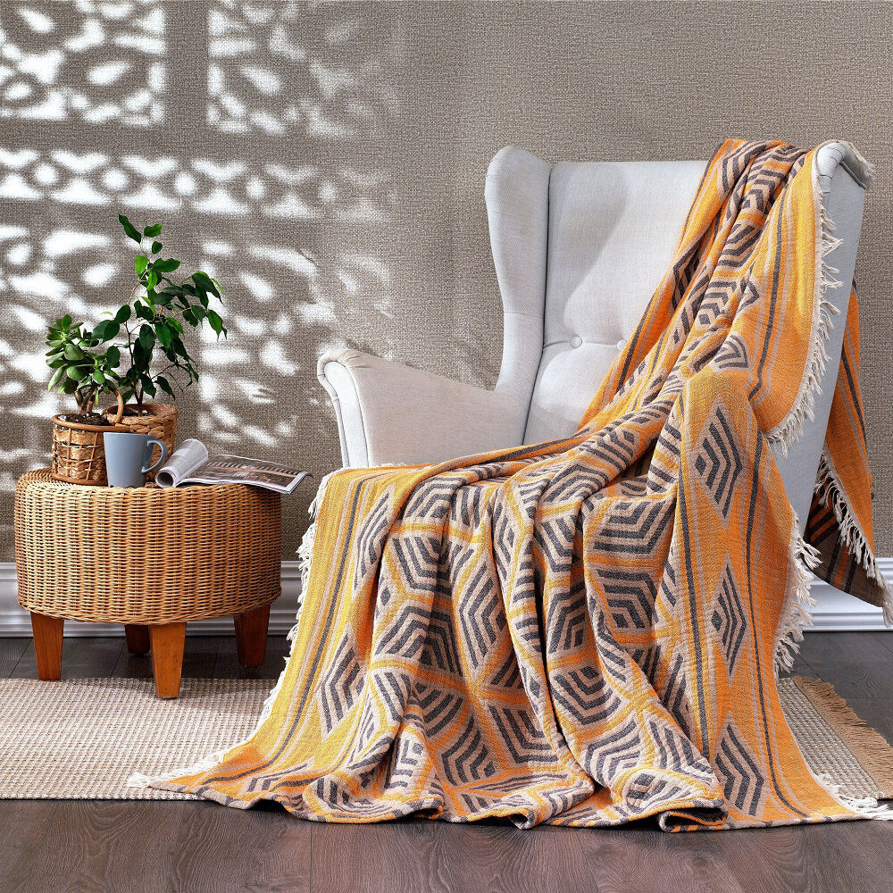 World Menagerie Lathan Geometric Blanket with Fringe Marigold Orange W270 x L245cm