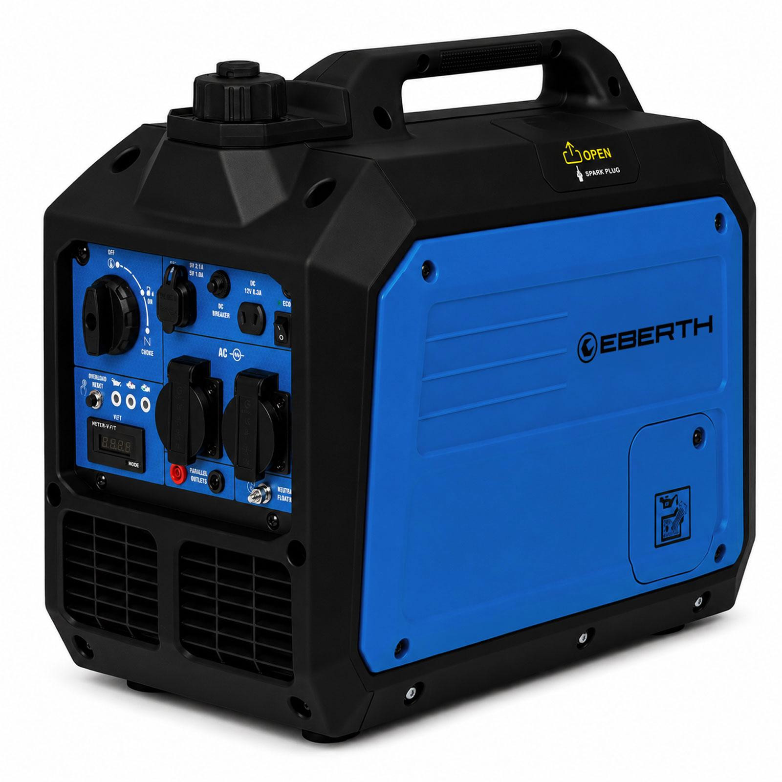 Eberth 3500 Watt omvormer-generator, stille benzine noodstroomaggregaat met 4-takt motor, 2x 230V Schuko, 12V en USB-poort