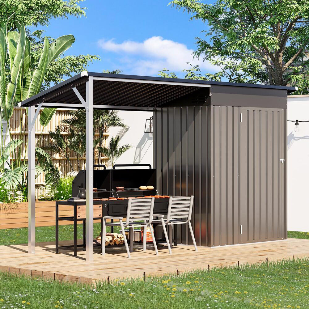 YODOLLA Outdoor 9.75 ft. W x 3.31 ft. D Metal Storage Shed Gray 297.18cm W X 95.5cm D X 184.91cm H