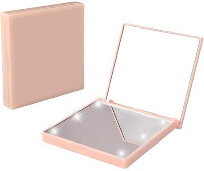 Fusion Finds Lighted Compact Mirror For Purse With 6 LED Lights Foldable Travel Makeup Mirror For Women pink
