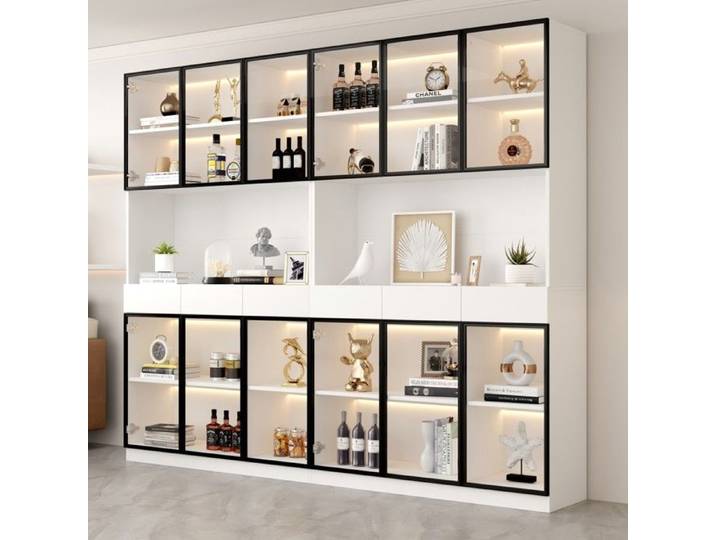 Vitrine vitrée 240x32x200cm blanche éclairage LED bibliothèque multi-rangements cadre blanc/noir salon chambre bureau