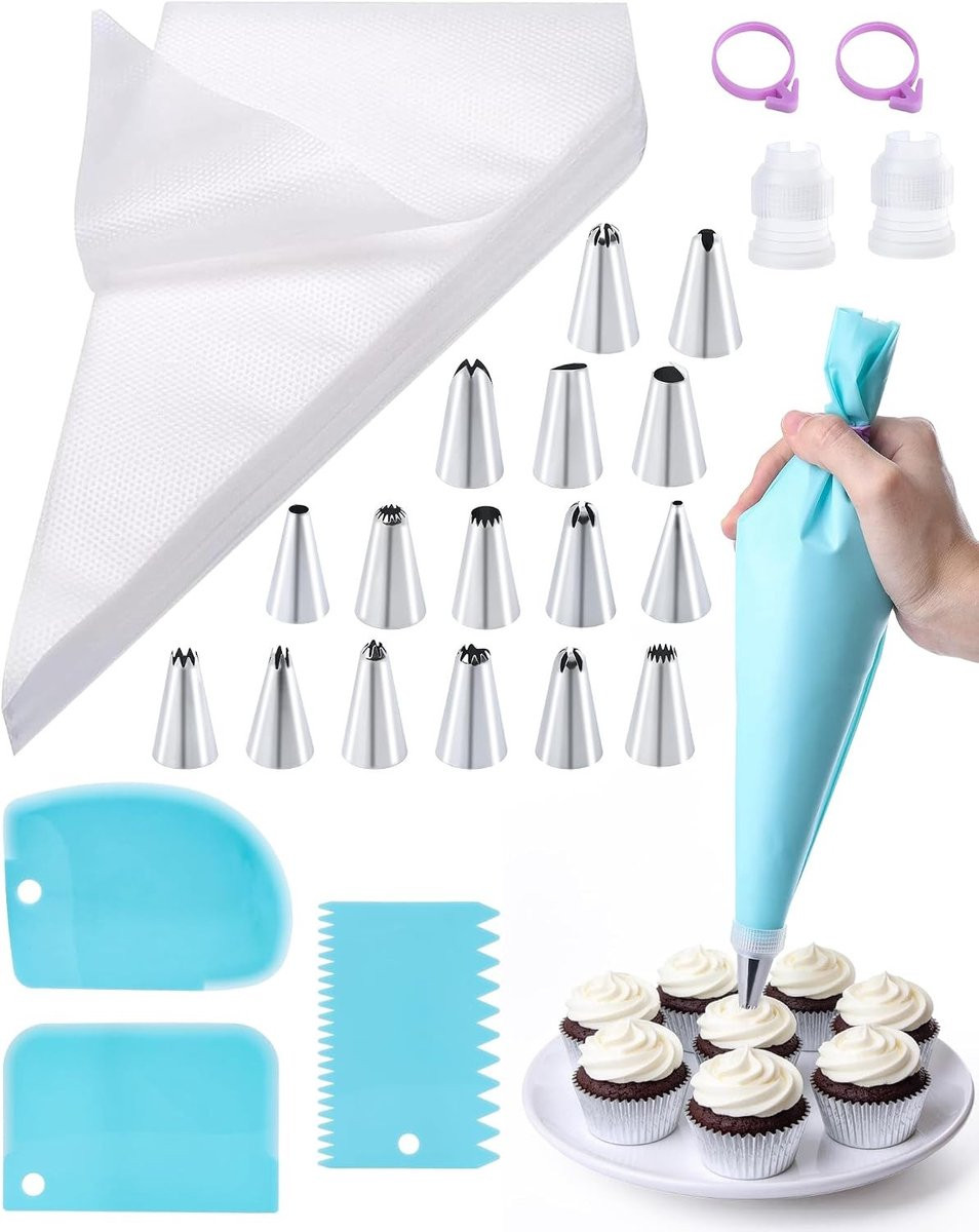 Professionele Decoratieset voor Taarten met 124 Spuitzakken, Siliconen Spuitzak en RVS Tips voor Cupcakes en Desserts