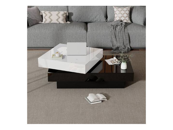 Fine Life Pro Couchtisch Drehbarer Couchtisch, schwarz-weiß, Hochglanz, Spanplatte, Moderner Wohnzimmertisch für Apartments, stilvoll & platzsparend