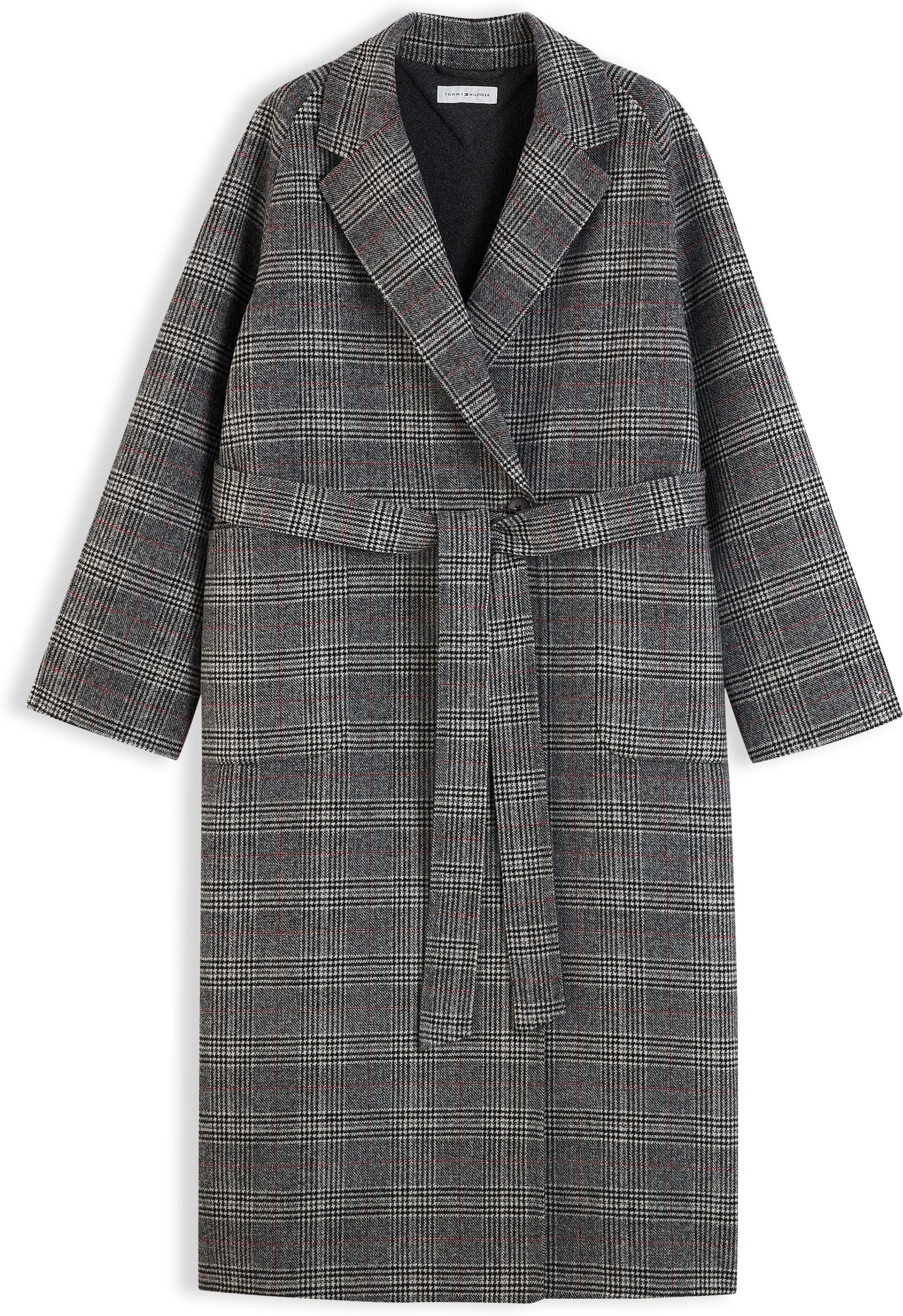 Langmantel TOMMY HILFIGER "DF WOOL REG BELTED CHECKED COAT", Damen, Gr. 34, grau (rwb check), Web, Obermaterial: 70% Polyester, 30% Wolle, kariert, kniebedeckend, V-Ausschnitt, Mäntel Langmantel, Materialmix, mit Wolle rwb check 34