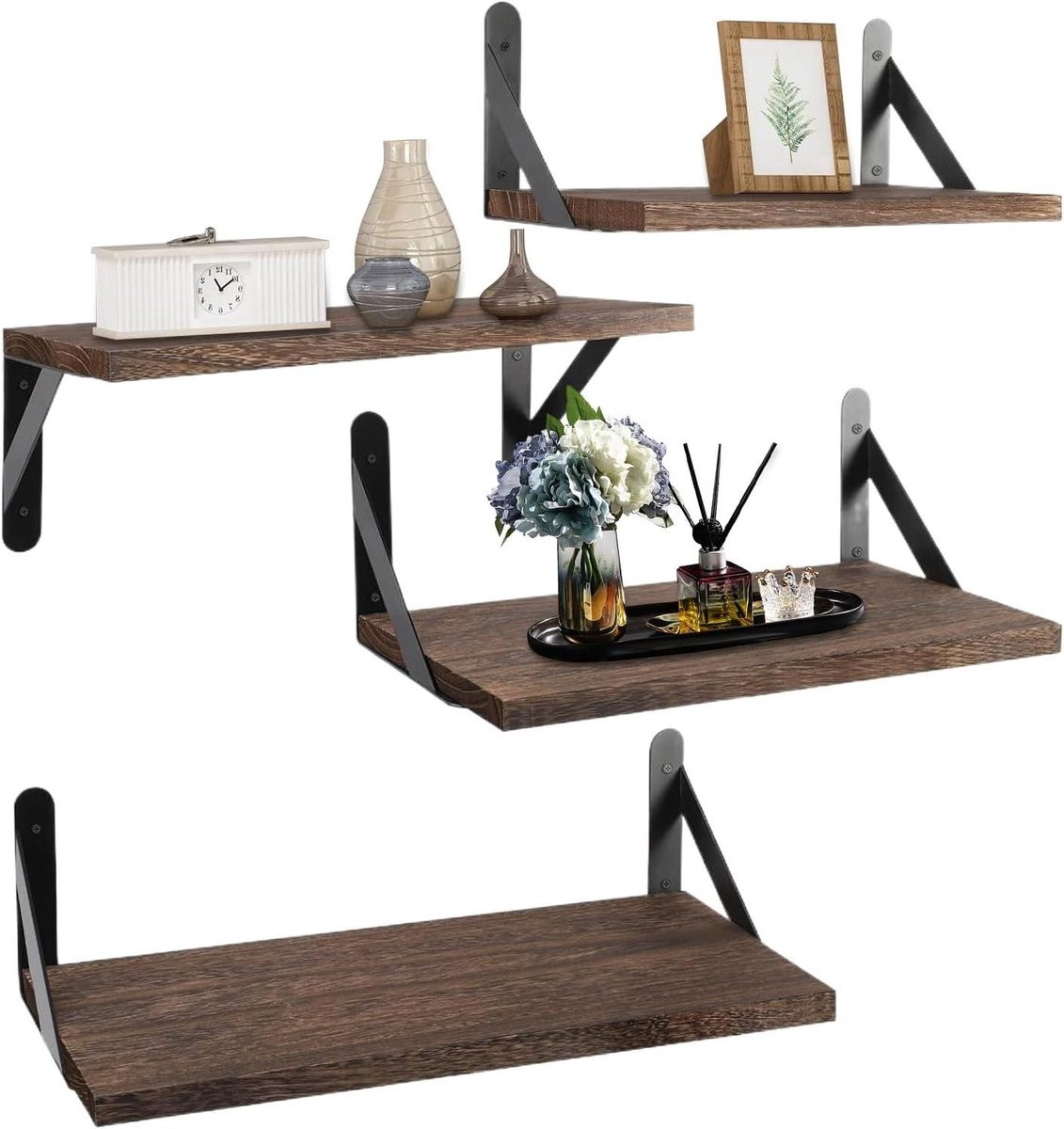 Set van 4 donkerbruine houten zwevende wandplanken voor decoratie en opslag