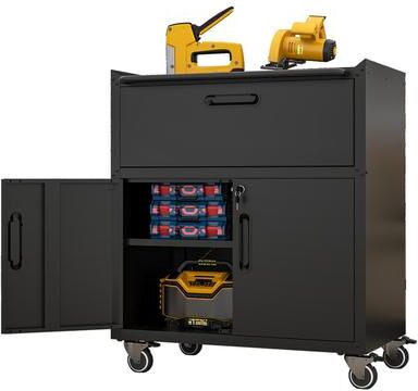 AISWORD Sturdy and Durable Metal Tool Cabinet with Wheels - Mobile Heavy-Duty Storage Cabinet with 1 Drawer and 2 Locking Doors