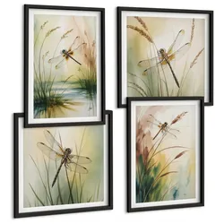 BILDER SET 4er Set - 50x50 cm & 40x60 cm Schwarzer Rahmen - Libellen im Gras, Wassermalerei