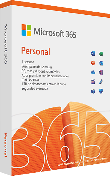 Microsoft 365 Personal, 12 meses, 1 persona, Aplicaciones Premium de Office, 1TB almacenamiento, para PC/Mac/Android/iOs (Formato físico)