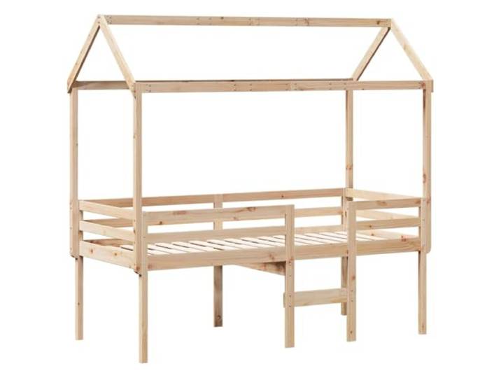KTHLBRH Hochbett mit Dach 80 x 200 cm aus Kiefernholz Massivholz, unbehandelt, Lattenrost inklusive, Seitentür zum Öffnen, für Kinderzimmer