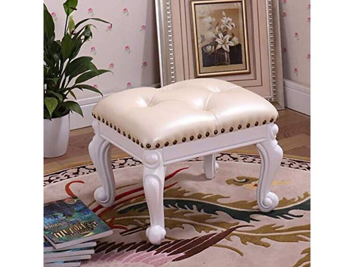 PLKASHUC Vintage-Fußhocker aus PU-Leder mit Knöpfen und 4 geschnitzten Holzbeinen(White)