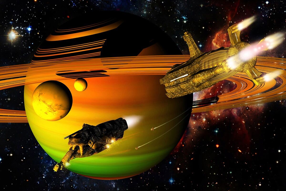 Fototapete PAPERMOON "Raumschiffe über Planet", bunt, B:2m L:1,49m, Vlies, Tapeten, Fototapete bunt B/L: 2m x 1,49m, Bahnen: 4 Stk.