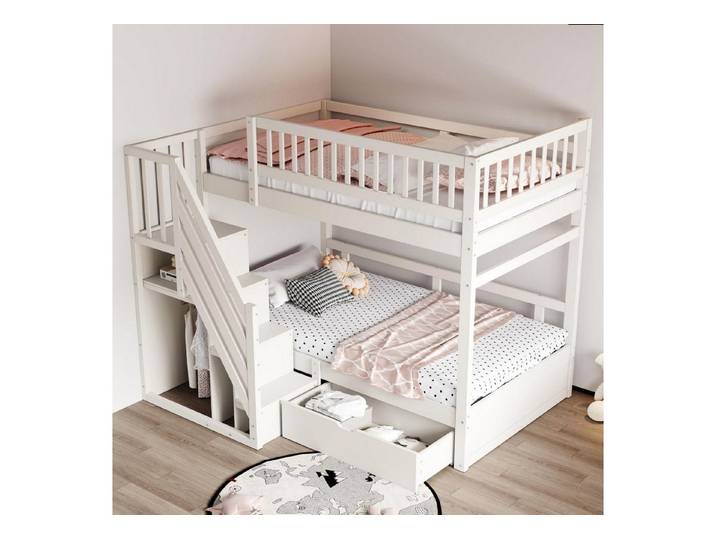 LuxusKollektion Etagenbett Etagenbett 90x200 mit Treppe & Schließfächern Weiß (1-St)